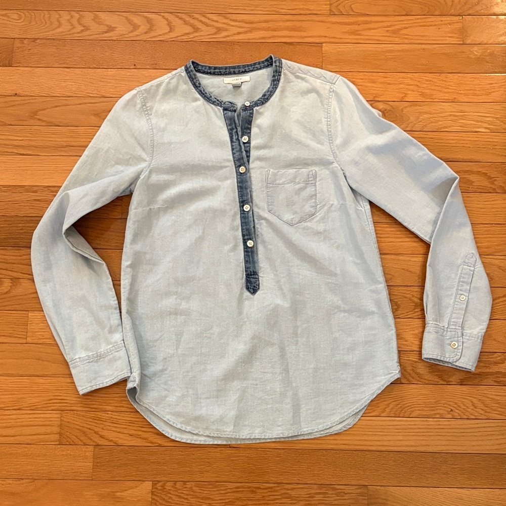 J. Crew Light Blue Henley-Style Button Down Denim shirt with Dark Blue Trim